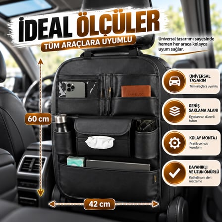 Premium Oto Koltuk Arkası Organizer Koruyucu ve Düzenleyici Suni Deri Su Geçirmez Çok Cepli Fonksiyonlu Araba Araç İçi Cep Çanta Üniversal Siyah