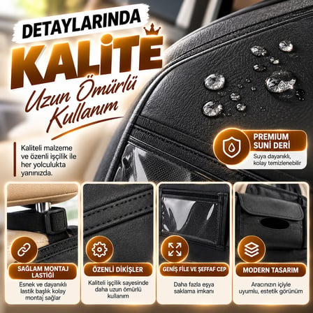 Premium Oto Koltuk Arkası Organizer Koruyucu ve Düzenleyici Suni Deri Su Geçirmez Çok Cepli Fonksiyonlu Araba Araç İçi Cep Çanta Üniversal Siyah