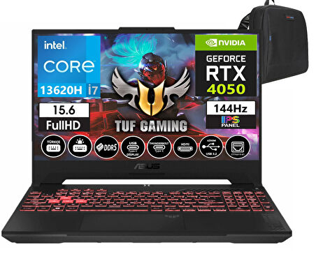 Asus Tuf Gaming F15 FX507VU-LP257 13. Nesil Intel I7-13620H 96GB Ddr5 Ram  2tb SSD WINDOWS11PRO 15.6 Inç Fhd 144Hz 6gb RTX4050 140W Taşınabilir Bilgisayar FX507VU-LP25747+WEBLEGELSINÇANTA