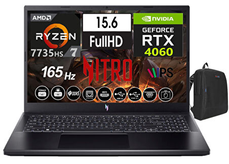 Acer Nitro V15 ANV15-41 Amd Ryzen7 7735HS 96GB Ddr5 Ram 2tb SSD Freedos 15.6 Inç Fhd 165Hz 8gb RTX4060 Taşınabilir Bilgisayar NHQSFEY00315+WEBLEGELSINÇANTA