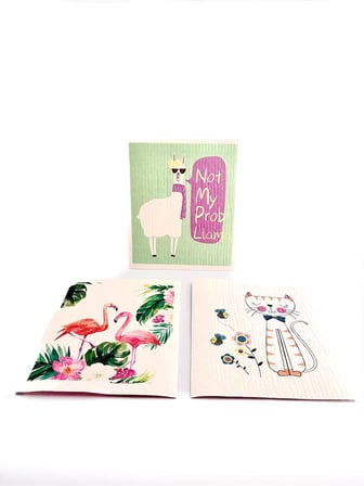 Swedish Dishcloth İsveç Bezi Flamingo-Lama-Kedi Desenleri 3'lü Paket, Sürdürülebilir, Tekrar Kullanılabilir, Tüm Yüzeylere Uygulanabilir, Makinede Yıkanabilir