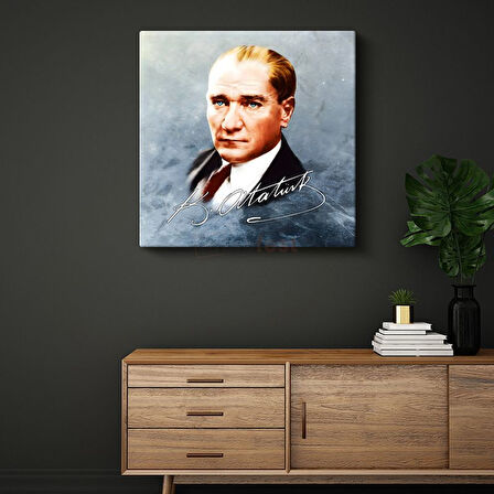 İmzalı Atatürk - Mavi Fonda Portre Kanvas Tablo