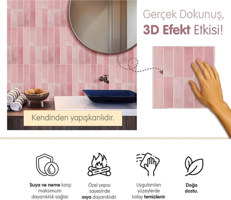 3D Kendinden Yapışkanlı Duvar Karosu 30,5 cm x 30,5 cm (4 Adet) 0,371 M² (Pembe)