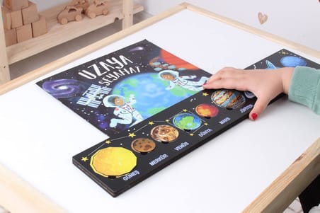 Ahşap Güneş Sistemi Renkli Gezegenler (Siyah)