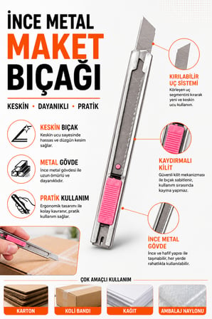 İnce Metal Maket Bıçağı 2 Adet- Kaydırmalı Kilitli, Kırılabilir Uçlu Hassas Kesim Falçata