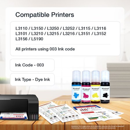 Epson L3110, L3150, L3250, L3252 L3115, L3116, L3101, L3210, L3215, L3216, L3151, L3152, L3156, L5190 Yazıcı için 003 Uyumlu Yedek Mürekkep – (70) gm x 4 Renkli) Set Kutusu - 501737