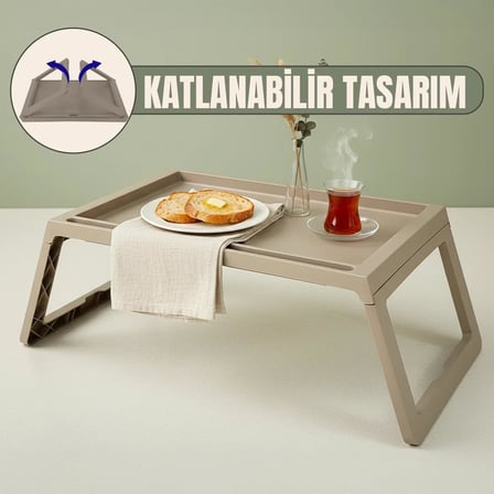 Katlanabilir Yatak Üstü Laptop Sehpası ve Kahvaltı Masası - Tablet ve Telefon Standlı Çok Amaçlı Portatif Çalışma Sehpası (56x36x26 cm) (TOPRAK)