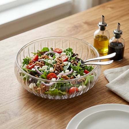 El Yapımı Üfleme Borosilikat Cam Linea Sunum Çanağı - Şeffaf Dekoratif Salata, Meyve ve Çerez Kasesi (20x6 cm)