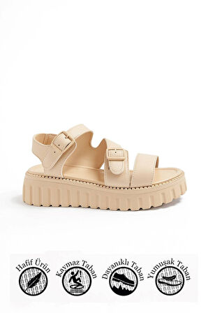 Günlük Kadın Sandalet Ayarlanabilir Tokalı Yüksek Kalın Topuklu Tırtıklı Tabanlı Bantlı 269