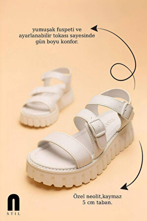 Günlük Kadın Sandalet Ayarlanabilir Tokalı Yüksek Kalın Topuklu Tırtıklı Tabanlı Bantlı 269