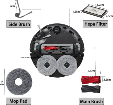 Roborock Saros 10R elektrikli süpürge aksesuarları, 1 ana fırça, 4 HEPA filtre, 6 temizleme pedi, 5 toz torbası, 4 yan fırça, yedek parça