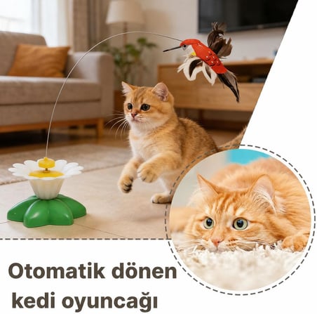Hareketli Dönen Kuş Kedi Oyuncağı (Pille Çalışır)