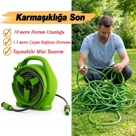 Taşınabilir Makaralı 10 Metre Mini Makaralı Hortum Seti Bahçe Su Hortumu 5/16" Sulama Araç Yıkama