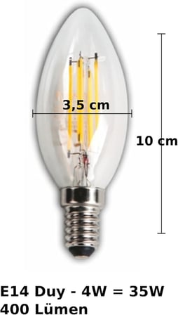 LED Rustik Mum Buji Ampul – E14 Duy, 4W (35W Eşdeğer), 3000K Günışığı, 400 Lümen – 220-240V, 3.5x10 cm – 10’lu Paket