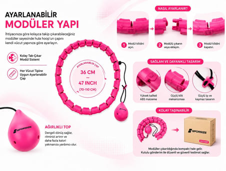 Sporsize Akıllı Hulahop, Ağırlıklı Toplu Ayarlanabilir Modüler Fitness Hulahopu, Bel ve Karın Egzersiz Aleti, Evde Spor İçin, Pembe