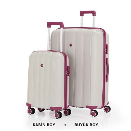 MÇS Bavul Büyük ve Kabin 2li Set Kırılmaz Silikon Valiz V305 Kemik/Mürdüm