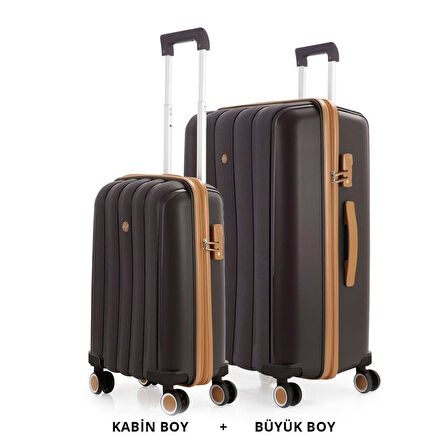 MÇS Bavul Büyük ve Kabin 2li Set Silikon Valiz V305 Kahve/Şamp
