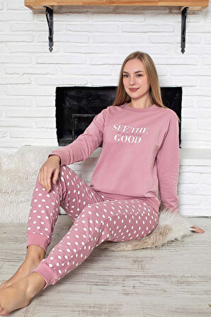 Kadın Bisiklet Yaka Bilek Manşet/Lastikli 2 İplik Cepli Kışlık Jogger Eşofman Pijama Takımı Homewear