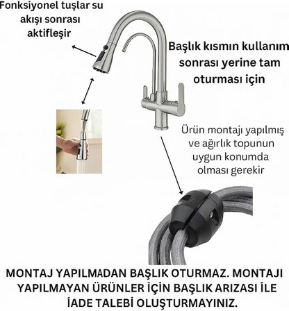 Mat Siyah Spiralli Arıtmalı Mutfak Bataryası 3 Yollu