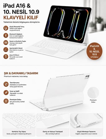 Apple Ipad 11 A16 11.Nesil/10.nesil 2022/2025 için Uyumlu X8 Magic Touchpad Işıklı Türkçe Q Klavyeli Kılıf A3355 A3354 (Beyaz)