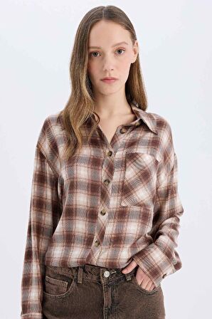 Coool Oversize Geniş Kalıp Kareli Cepli Uzun Kollu Gömlek