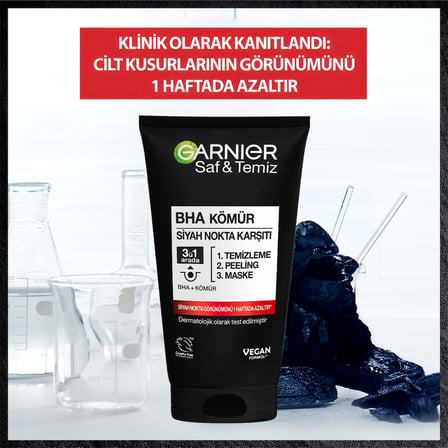 Garnier Skin Naturals Saf &amp; Temiz Siyah Nokta Karşıtı Kömürlü 3'ü 1 arada (1 x 150 ml)