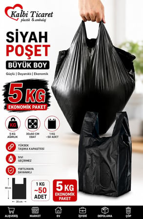 Kalın Siyah Poşet Büyük Boy 5 Kg Hışır Atlet Poşet Market Manav Poşeti Çöp Poşeti