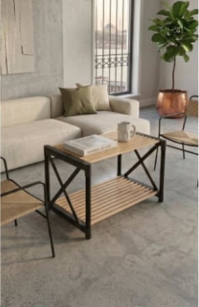 Dekoratif Orta Sehpa Siyah Ahşap | Modern Dikdörtgen Salon Sehpası | Rus Çam Üst Tabla | Dayanıklı Kompress Kraft Boru Ayak | 70x37x38 cm (Siyah)