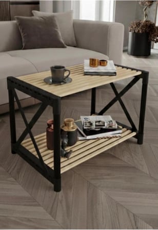 Dekoratif Orta Sehpa Siyah Ahşap | Modern Dikdörtgen Salon Sehpası | Rus Çam Üst Tabla | Dayanıklı Kompress Kraft Boru Ayak | 70x37x38 cm (Siyah)