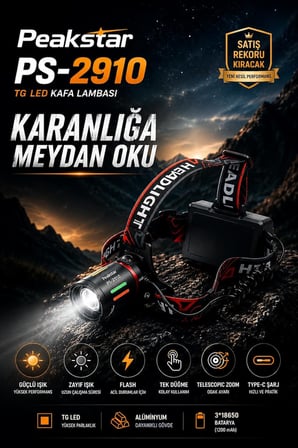 PeakStar PS-2910 3000 Lümen Şarjlı Profesyonel Zoomlu Kamp Avcı Balıkçı Kafa Lambası Feneri