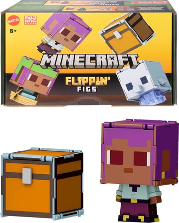 Minecraft Dönüşen Figürler 2'li Paket, dinamik oyun için 2'si 1 arada, 9 cm, büyük kafalı 2 aksiyon figürü, Efe/Sailboat ve Dolphin/Treasure Chest, JCY31