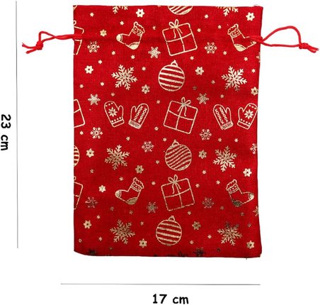 2’li Set 17x23 cm Yılbaşı Hediye Kesesi – Kırmızı &amp; Beyaz Altın Yaldızlı Noel Temalı Kumaş Çanta | Yılbaşı Hediye Paketi Kesesi