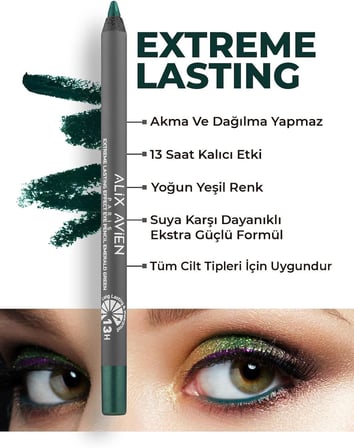 Uzun Süre Kalıcı Suya Dayanıklı Akma, Dağılma Yapmayan Yeşil Göz Kalemi - Extreme Emerald Green
