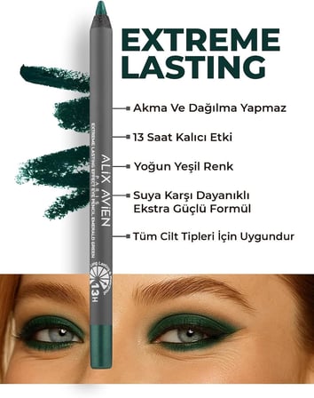 Uzun Süre Kalıcı Suya Dayanıklı Akma, Dağılma Yapmayan Yeşil Göz Kalemi - Extreme Emerald Green