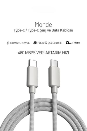 100W Örgülü Type C to Type C SPK-10 1mt Data ve Şarj Kablosu