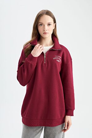 Regular Fit Fermuarlı Dik Yaka Baskılı İçi Yumuşak Tüylü Kalın Kumaş Sweatshirt Tunik