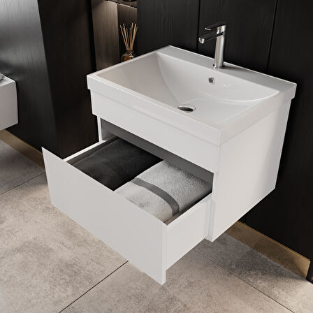 Karen Banyo Abant 60 Cm Parlak Beyaz Lavabolu Banyo Dolabı Seti,Lavabo Dahil