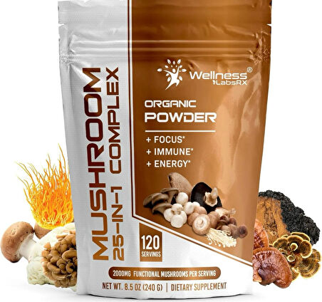 Organic Powder Mushroom 25-ın-1 complex 120 Servis Net WT 8.5 OZ (240 g)