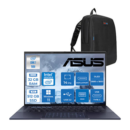 Asus Expertbook B9 OLED B9403CVAR-C73211TBB Ntel® Core™ 7 Processor 150U 32GB 512GB SSD Intel Graphic WINDOWS11PRO 14" Wqxga+ 400NIT IPS (2880X1800) OLED Taşınabilir Bilgisayar 90NX05W112+ZETTAÇANTA