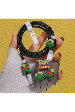 iPhone 18W/20W İle Uyumlu Şarj Kılıfı, Şarj Kablosu Örme Aparatı, Toparlayıcı, Kablo Koruyucu, Toy Story Kurbağa