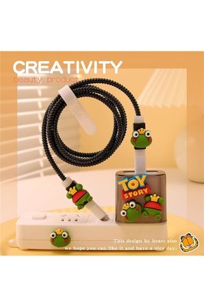 iPhone 18W/20W İle Uyumlu Şarj Kılıfı, Şarj Kablosu Örme Aparatı, Toparlayıcı, Kablo Koruyucu, Toy Story Kurbağa