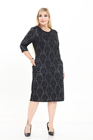 Çift Cepli Desenli Esnek Kışlık Büyük Beden Midi Elbise 26A-2720