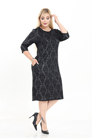 Çift Cepli Desenli Esnek Kışlık Büyük Beden Midi Elbise 26A-2720