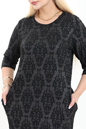 Çift Cepli Desenli Esnek Kışlık Büyük Beden Midi Elbise 26A-2720