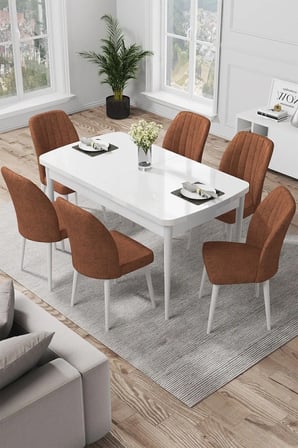 Par Serisi 70x114 Açılabilir Mdf Mutfak Masası Takımı Beyaz Masa 6 Kiremit Sandalye