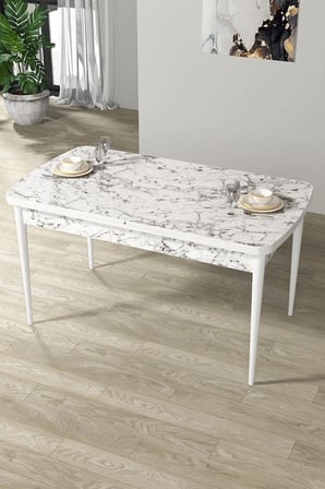 Par Serisi 70x114 Açılabilir Mdf Mutfak Masası Takımı Beyaz Mermer Desen Masa 6 Lacivert Sandalye