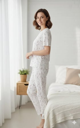 Kadın 3'lü Kısa Kollu Yüksek Bel Bisiklet Yaka Üst Alt Şort Pijama Takım