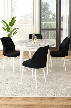 Rox Serisi Yuvarlak 90x90 Sabit Beyaz Mermer Desen Masa Takımı Ve 4 Siyah Sandalye