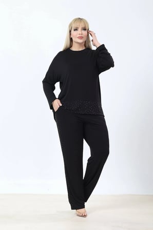 Büyük Beden Taşlı Cepli Bisiklet Yaka Yüksek Bel Uzun Kollu İkiiplik Takım