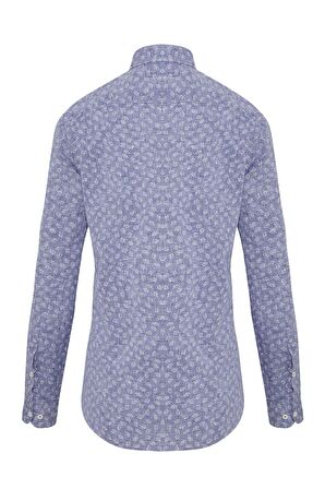 Lacivert Desenli Slim Fit Keten Gömlek | XS